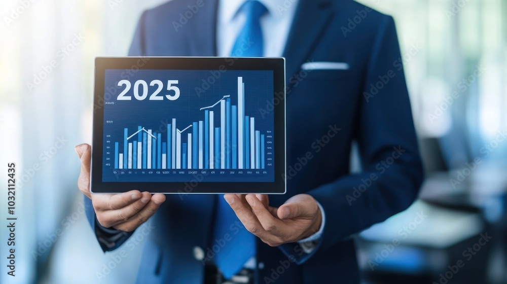 Businessman Holding Tablet with 2025 Growth Chart Businessman Holding Tablet with 2025 Growth Chart