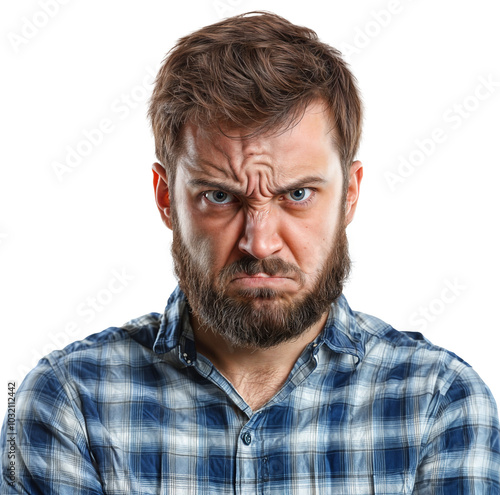 Angry Bearded Man with Intense Frown and Frustrated Expression, Close-Up Portrait of Male in Plaid Shirt, Isolated on Transparent Background