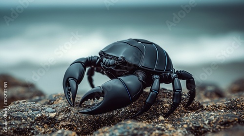 A unique perspective on nature exploring the intricate beauty of a black crab on the shoreline amidst the ocean's serenity photo