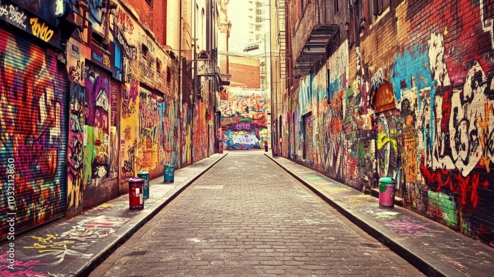 Fototapeta premium Vibrant Urban Alleyway, a lively scene showcasing colorful murals and intricate street art, adorned with scattered spray cans, encapsulating the essence of urban creativity.