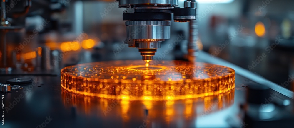Closeup of a robotic arm working on a glowing disc in a factory. Closeup of a robotic arm working on a glowing disc in a factory.
