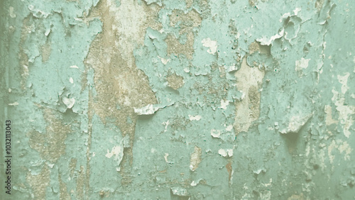 Old building exterior with peeling paint and a fire hydrant in front. Old painted peach wall background. Cracked and peeling paint on a stained wall. Texture of the old wall of the house. A frayed bac