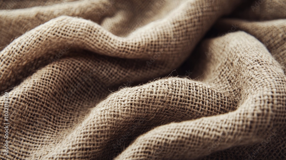 Close-up view of burlap fabric texture with wavy folds in warm brown and beige tones, adding coziness to designs. Rustic, vintage look with abstract pattern and eco-friendly hemp and jute fibers Close-up view of burlap fabric texture with wavy folds in warm brown and beige tones, adding coziness to designs. Rustic, vintage look with abstract pattern and eco-friendly hemp and jute fibers