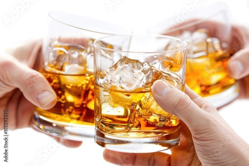 Two friends enjoying whiskey with ice cubes, a relaxing moment photo