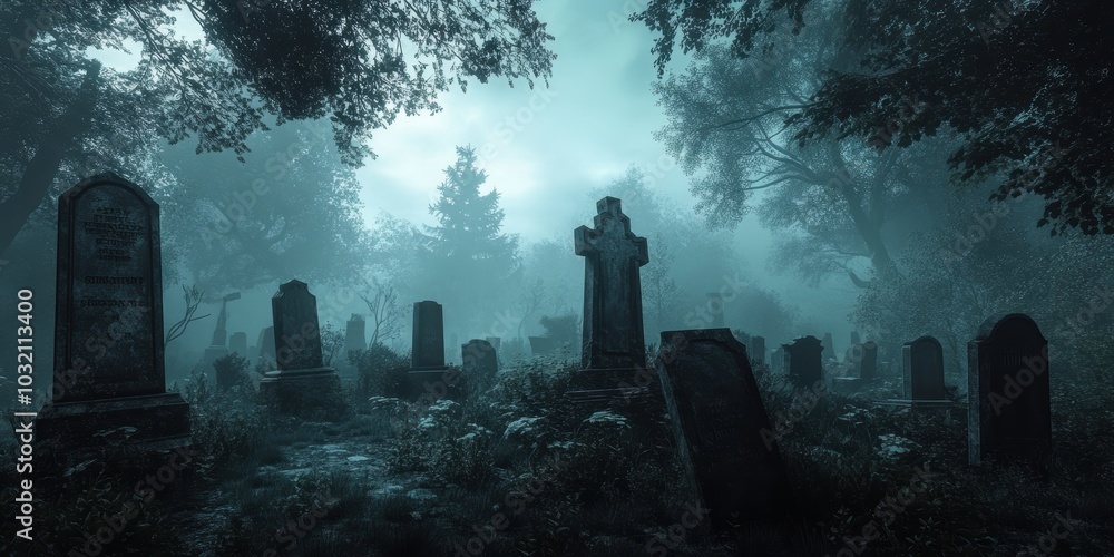 A foggy graveyard with tall tombstones. A foggy graveyard with tall tombstones.