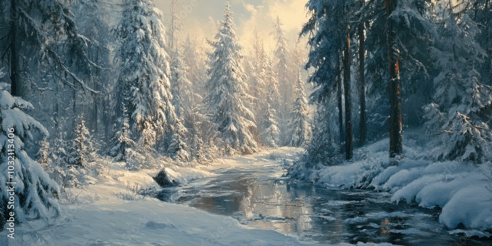 Snowy winter forest with a winding river. Snowy winter forest with a winding river.