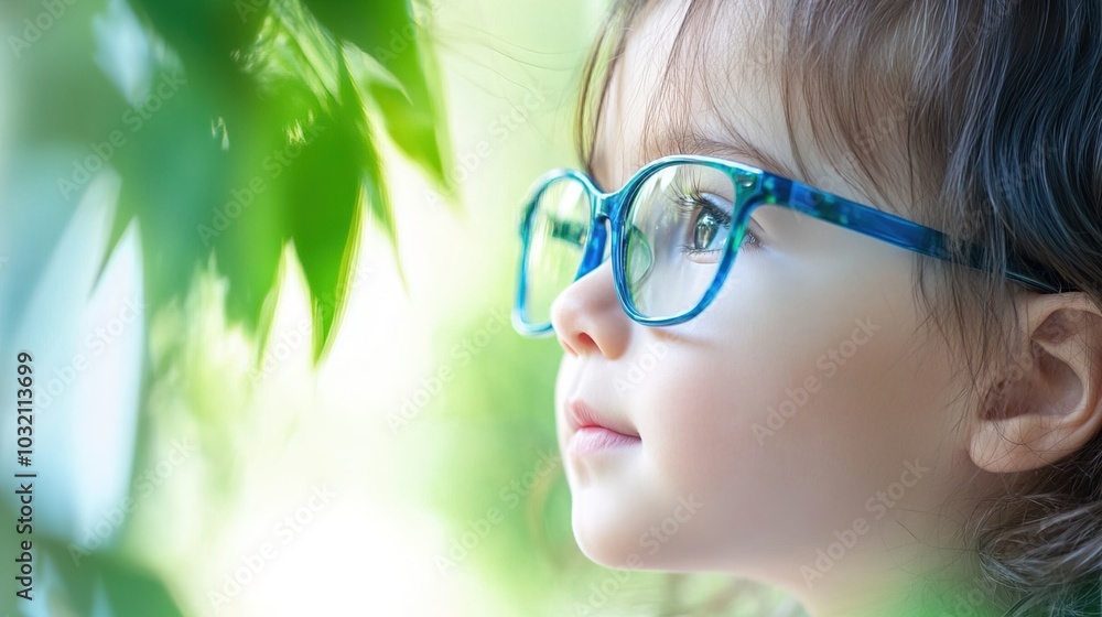Young child wearing blue glasses focusing on distant tree outside window, symbolizing myopia prevention and importance of outdoor activities. Young child wearing blue glasses focusing on distant tree outside window, symbolizing myopia prevention and importance of outdoor activities.