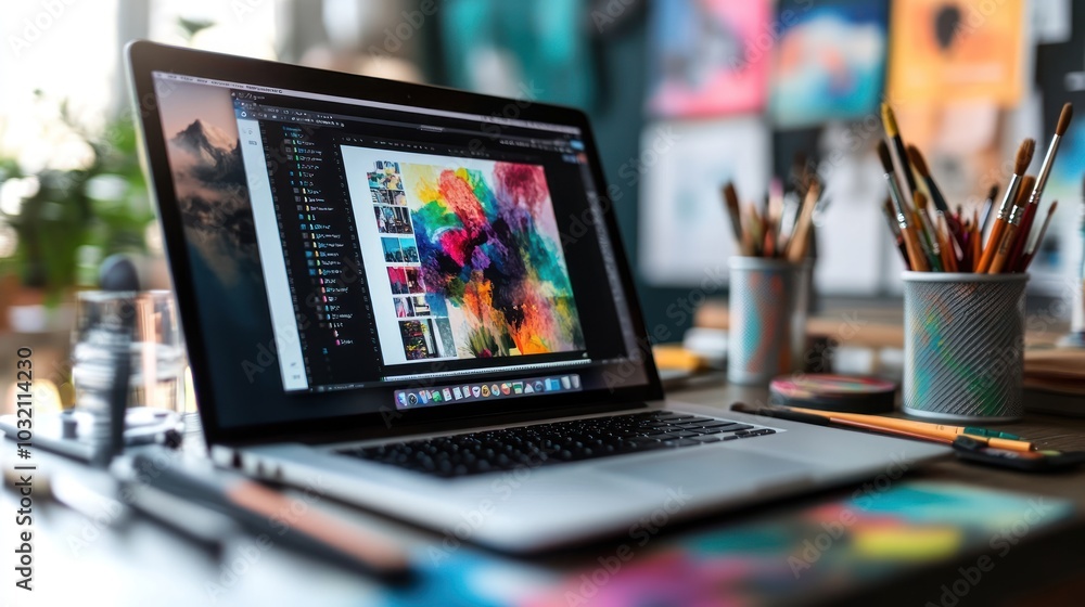 A laptop computer on a desk with a colorful abstract design on the screen, paintbrushes, and a plant. A laptop computer on a desk with a colorful abstract design on the screen, paintbrushes, and a plant.