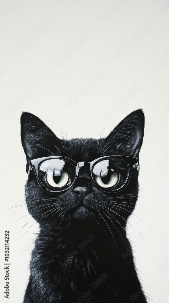Sleek black cat with oversized glasses poses on a white background, exuding curiosity and intelligence. Perfect for a cute and funny image capturing the essence of a curious and attentive cat Sleek black cat with oversized glasses poses on a white background, exuding curiosity and intelligence. Perfect for a cute and funny image capturing the essence of a curious and attentive cat