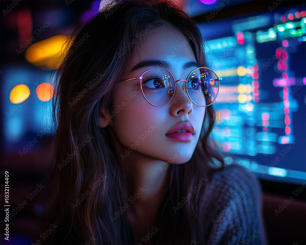 A portrait of a woman with a serious expression, highlighted by the contrast of bright neon lights. A modern and stylish image with a focus on individuality. generated AI. A portrait of a woman with a serious expression, highlighted by the contrast of bright neon lights. A modern and stylish image with a focus on individuality. generated AI.