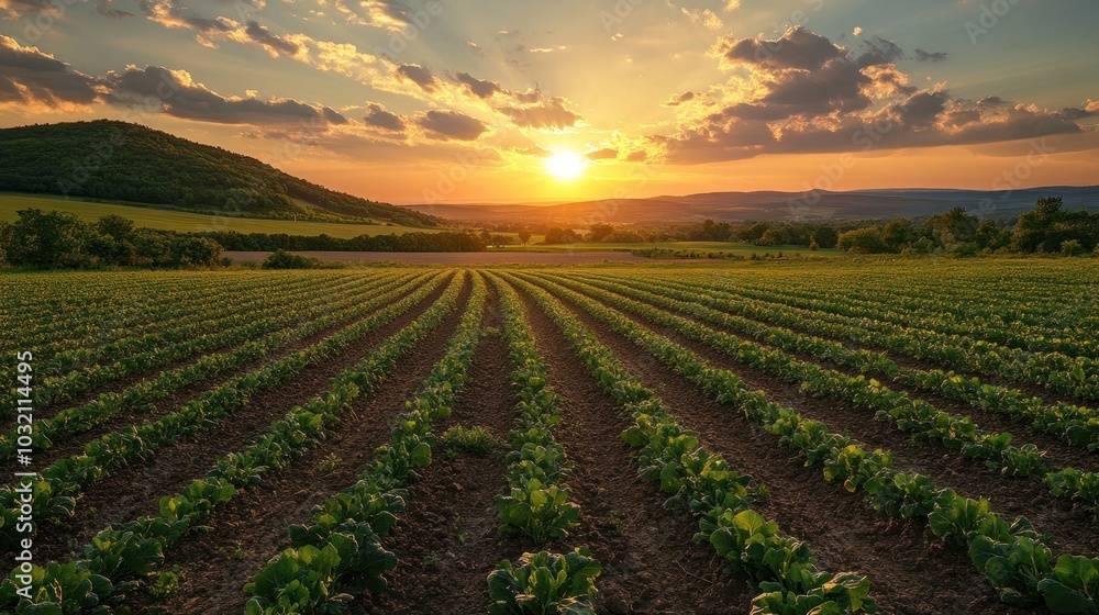Sunset Over a Field of Green Crops Sunset Over a Field of Green Crops