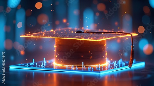 A glowing, holographic graduation cap hovers in a futuristic virtual space, representing the new frontier of digital education. In today's world, academic milestones are being celebrated online