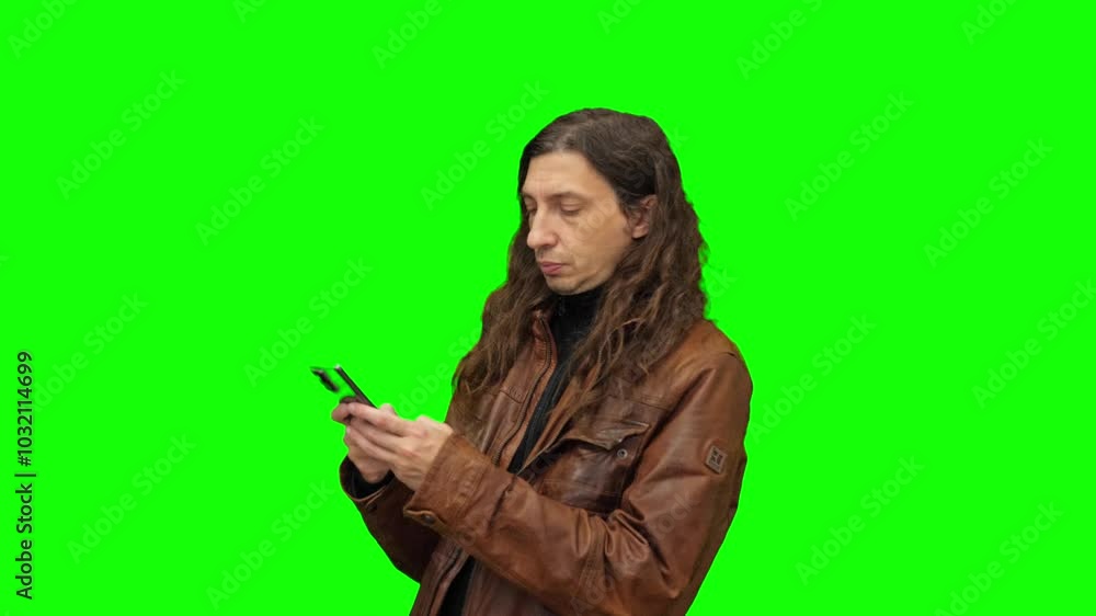 A man with long hair, wearing a leather jacket, scrolls through news on his phone against a green screen background. This footage is ideal for showcasing mobile technology or apps. A man with long hair, wearing a leather jacket, scrolls through news on his phone against a green screen background. This footage is ideal for showcasing mobile technology or apps.
