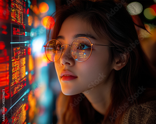 Bright neon light creates a stylish and futuristic backdrop for a portrait of a woman in glasses. Clean aesthetics and contrast, generated AI. photo