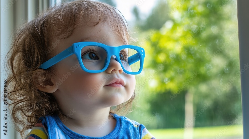 Young child wearing blue glasses focusing on distant tree outside window, symbolizing myopia prevention and importance of outdoor activities. Young child wearing blue glasses focusing on distant tree outside window, symbolizing myopia prevention and importance of outdoor activities.