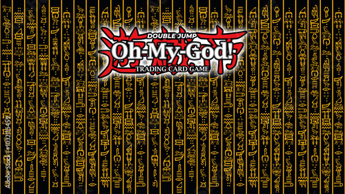 Backdrop for a trading card game tournament features Japanese kanji meaning Emperor of Games and incorporates ancient hieroglyph elements creating a striking photo booth for participants