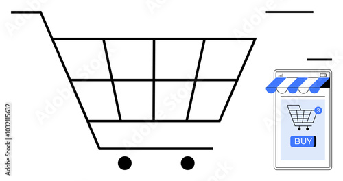 A shopping cart beside a smartphone screen with a buying button. Ideal for e-commerce, digital retail, online shopping, mobile commerce, and virtual storefronts. Simple, modern, minimalist style