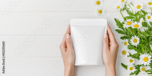 Hands Presenting White Flexible Pouch with Chamomile Flowers Floating for Stress Relief and Skin Care Product Mockup photo