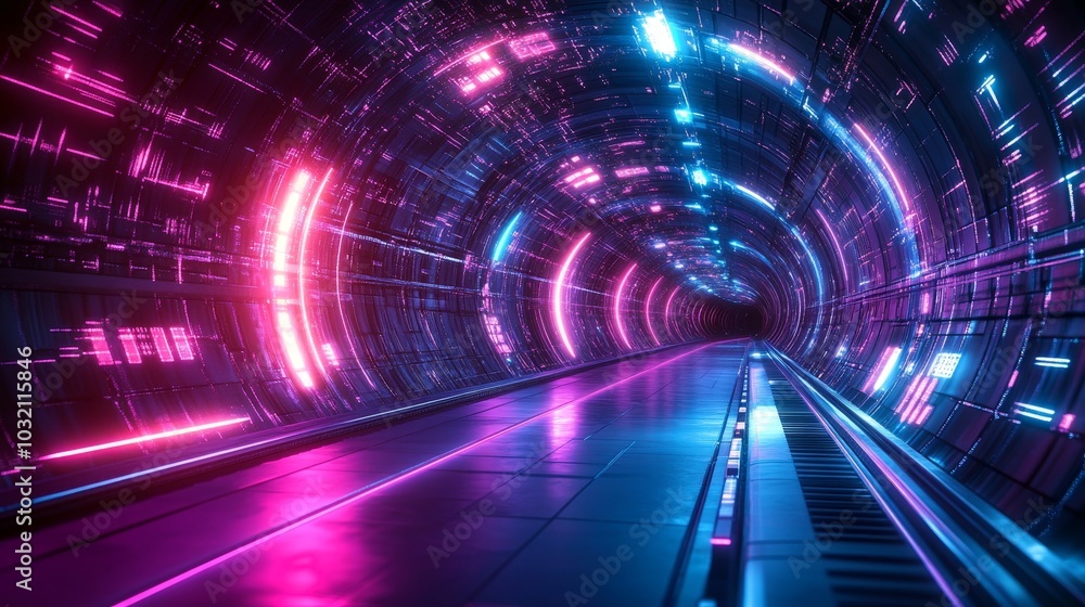 Futuristic digital tunnel with glowing neon lights in vibrant shades of pink, purple, and blue, creating a sci-fi atmosphere of speed and technology Futuristic digital tunnel with glowing neon lights in vibrant shades of pink, purple, and blue, creating a sci-fi atmosphere of speed and technology