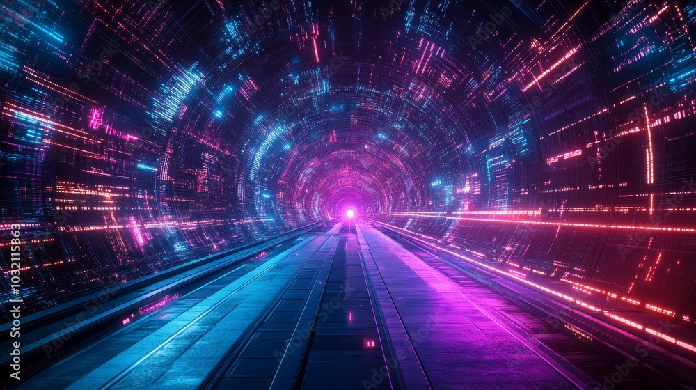 Futuristic digital tunnel with glowing neon lights in vibrant shades of pink, purple, and blue, creating a sci-fi atmosphere of speed and technology Futuristic digital tunnel with glowing neon lights in vibrant shades of pink, purple, and blue, creating a sci-fi atmosphere of speed and technology