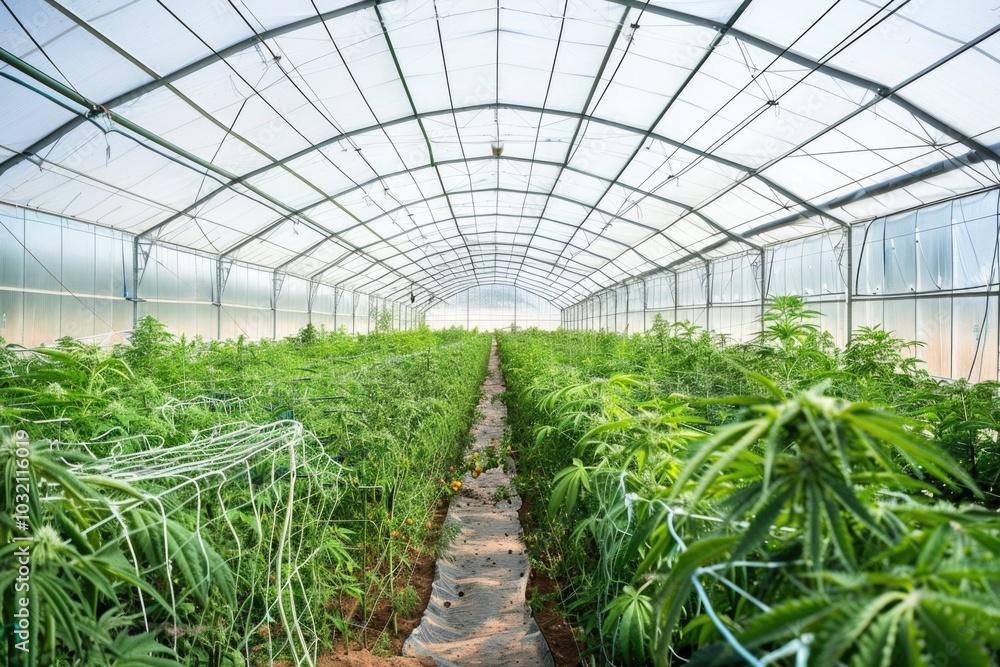 A large greenhouse filled with various green plants A large greenhouse filled with various green plants