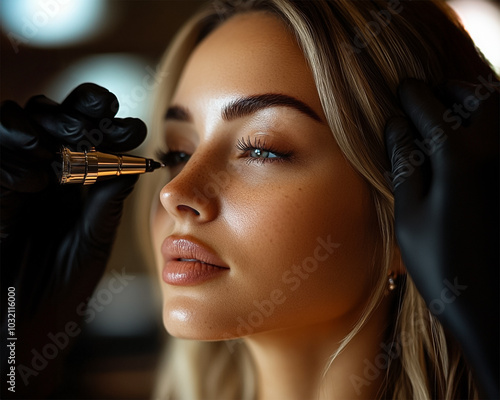 preparation for permanent makeup master assesses the client's skin photo