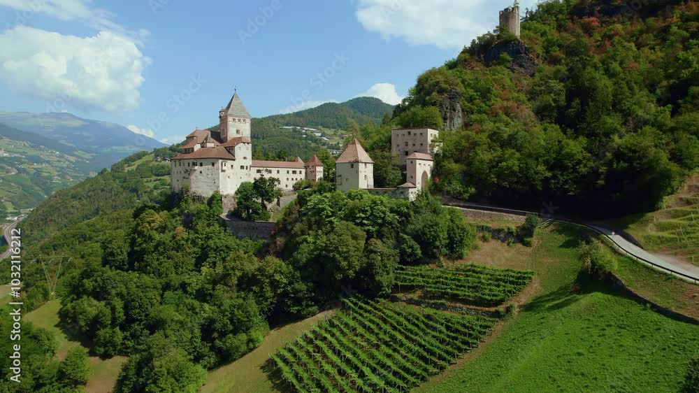 Aerial Landscape View Of Trostburg Castle In Dolomites, Italy Aerial Landscape View Of Trostburg Castle In Dolomites, Italy