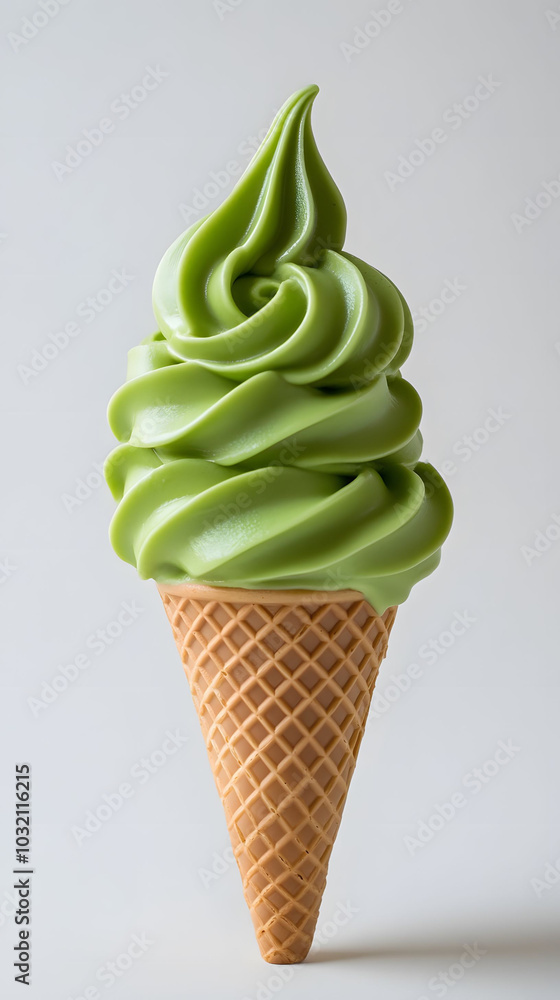 Matcha Soft Serve Delight, creamy green tea ice cream in a crisp cone, set against a clean white backdrop, inviting and refreshing treat Matcha Soft Serve Delight, creamy green tea ice cream in a crisp cone, set against a clean white backdrop, inviting and refreshing treat