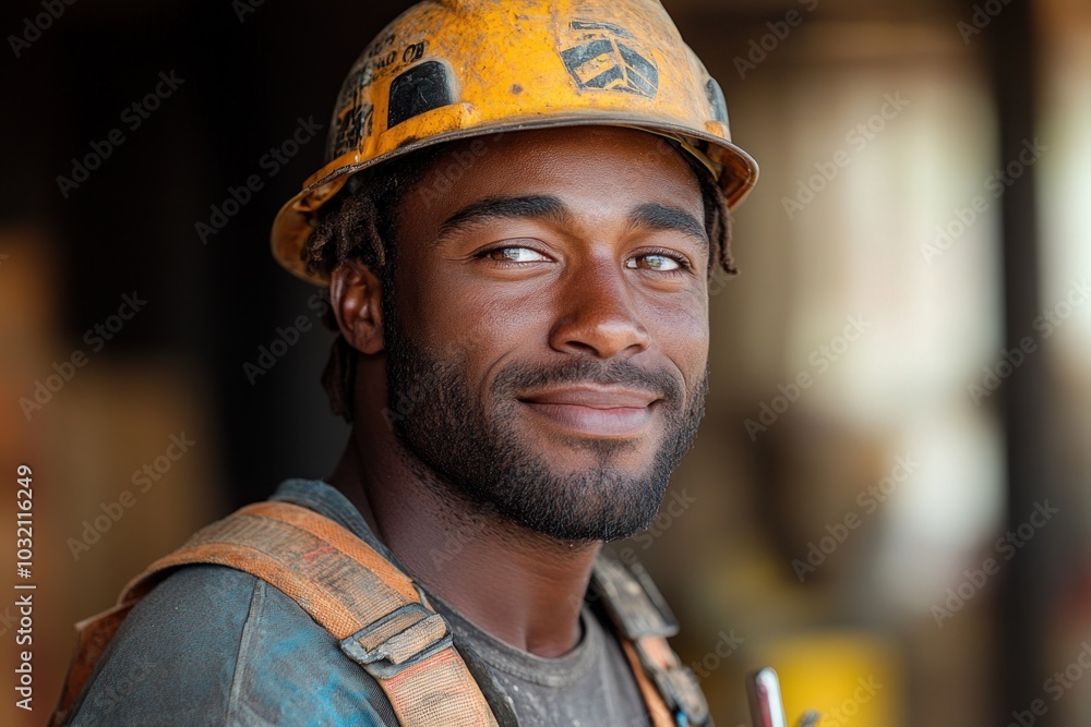 A construction worker with a yellow hard hat smiles at the camera. A construction worker with a yellow hard hat smiles at the camera.