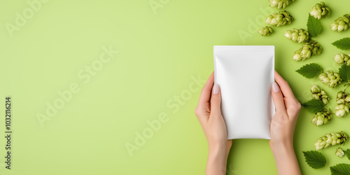 Hands Holding White Flexible Pouch with Hops Flowers Floating for Relaxation and Skin Soothing - Advertisement Mockup photo