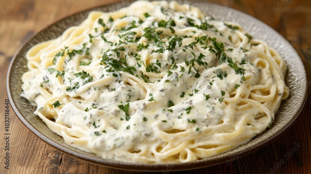 Creamy Fettuccine with Fresh Herbs on Rustic Dish Creamy Fettuccine with Fresh Herbs on Rustic Dish