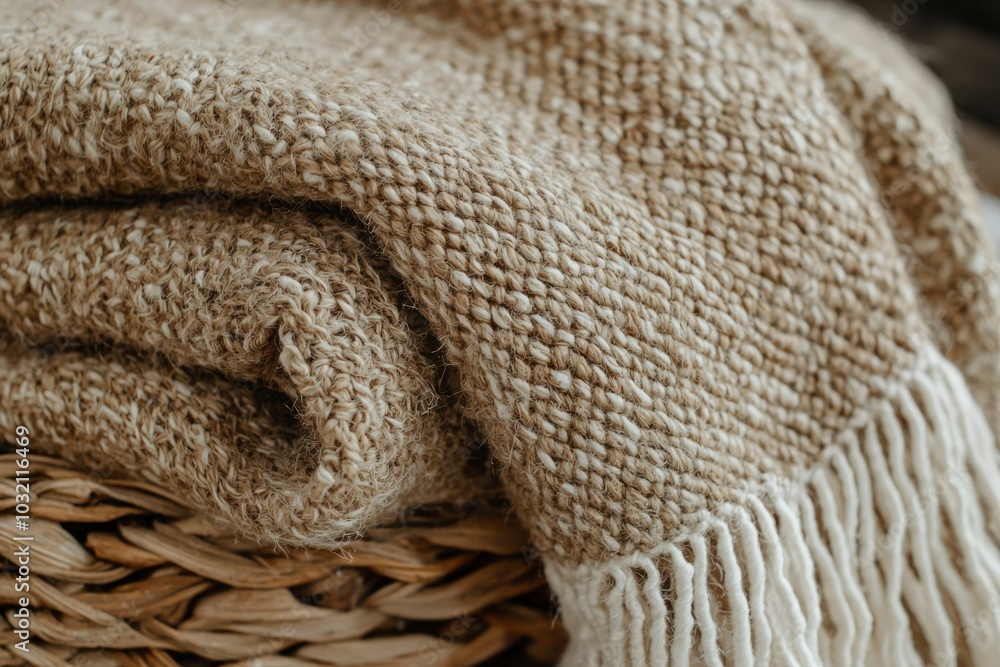 Close-up of a Woven Brown and White Blanket with Fringes Close-up of a Woven Brown and White Blanket with Fringes