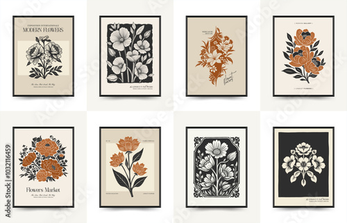 Abstract linocut floral posters template. Modern trendy minimal style. Black and white colors. Botanical blockprint. Hand drawn design for wallpaper, wall decor, print, postcard, cover, template.