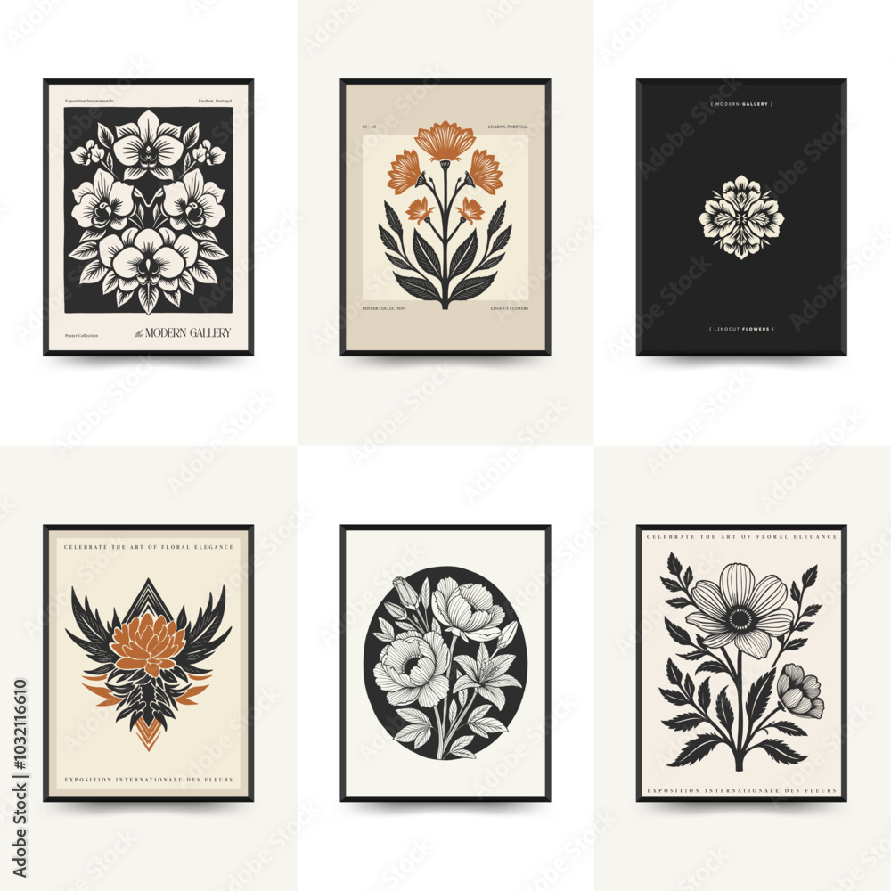 Fototapeta premium Abstract linocut floral posters template. Modern trendy minimal style. Black and white colors. Botanical blockprint. Hand drawn design for wallpaper, wall decor, print, postcard, cover, template.