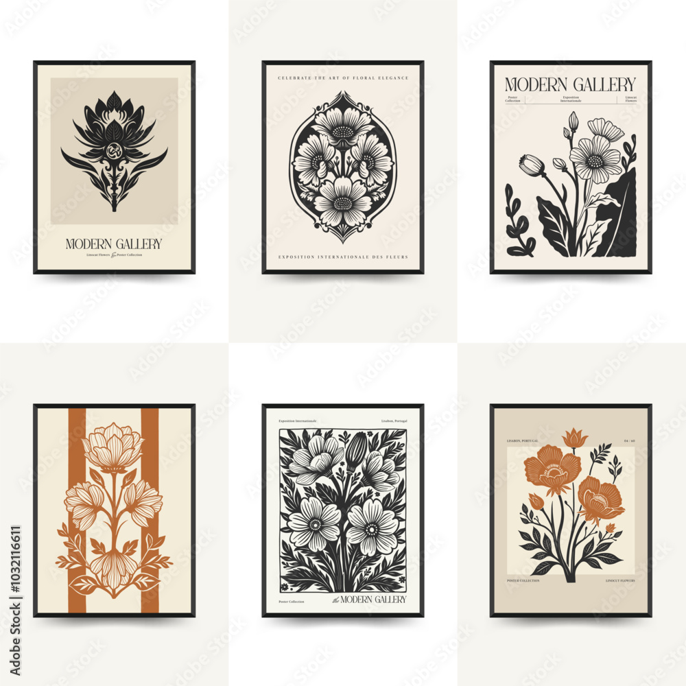 Abstract linocut floral posters template. Modern trendy minimal style. Black and white colors. Botanical blockprint. Hand drawn design for wallpaper, wall decor, print, postcard, cover, template. Abstract linocut floral posters template. Modern trendy minimal style. Black and white colors. Botanical blockprint. Hand drawn design for wallpaper, wall decor, print, postcard, cover, template.