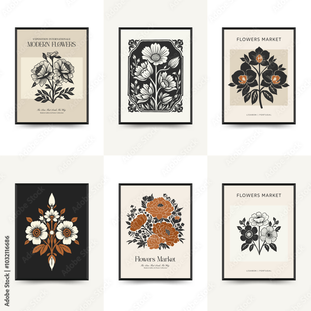 Abstract linocut floral posters template. Modern trendy minimal style. Black and white colors. Botanical blockprint. Hand drawn design for wallpaper, wall decor, print, postcard, cover, template. Abstract linocut floral posters template. Modern trendy minimal style. Black and white colors. Botanical blockprint. Hand drawn design for wallpaper, wall decor, print, postcard, cover, template.