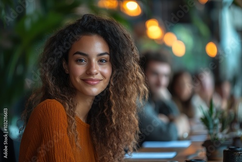 A young woman with curly hair smiles at the camera while sitting in a cafe.