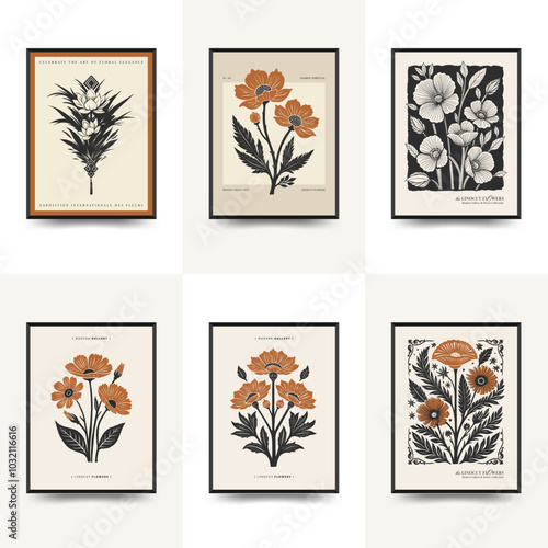 Abstract linocut floral posters template. Modern trendy minimal style. Black and white colors. Botanical blockprint. Hand drawn design for wallpaper, wall decor, print, postcard, cover, template.