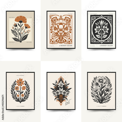 Abstract linocut floral posters template. Modern trendy minimal style. Black and white colors. Botanical blockprint. Hand drawn design for wallpaper, wall decor, print, postcard, cover, template.