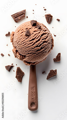 Chocolate ice cream topped with chocolate candy pieces, creamy texture, indulgent treat, enticing dessert on a clean white backdrop photo