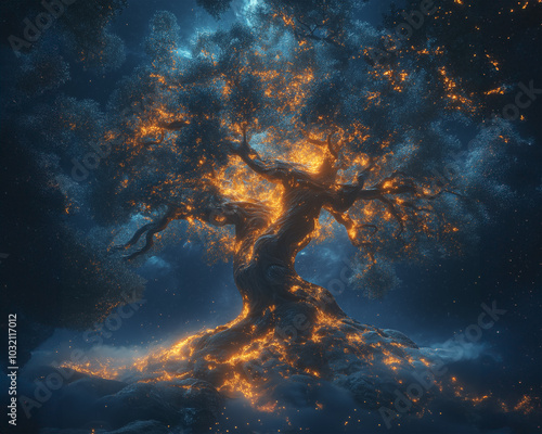 A unique image of the Tree of Life glowing with vibrant energy against a starry cosmos. This portrayal embodies the harmony between nature and universal forces photo