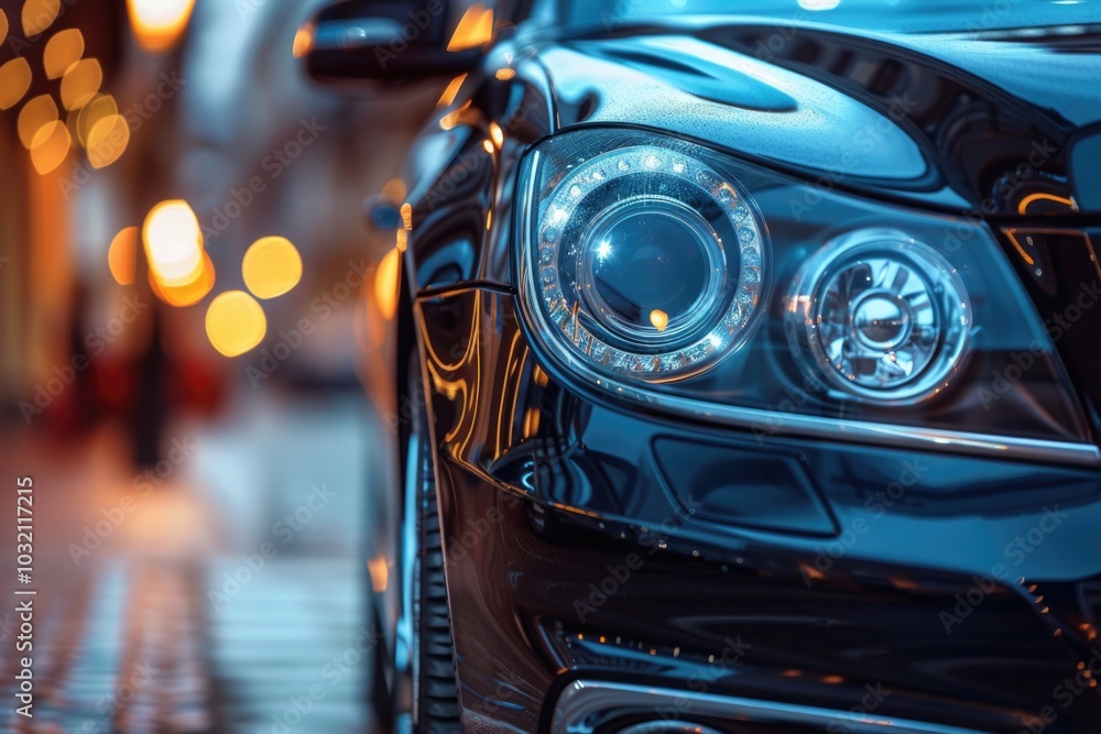 Car headlights shining bright on a city street, great for transportation or urban themes Car headlights shining bright on a city street, great for transportation or urban themes