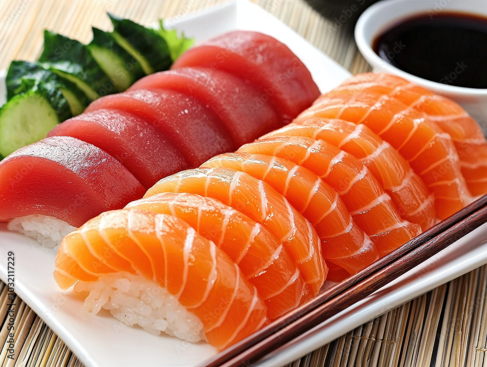 Delicious sushi platter featuring thinly sliced tuna and salmon, beautifully arranged with fresh cucumber and soy sauce. perfect dish for seafood lovers! Delicious sushi platter featuring thinly sliced tuna and salmon, beautifully arranged with fresh cucumber and soy sauce. perfect dish for seafood lovers!