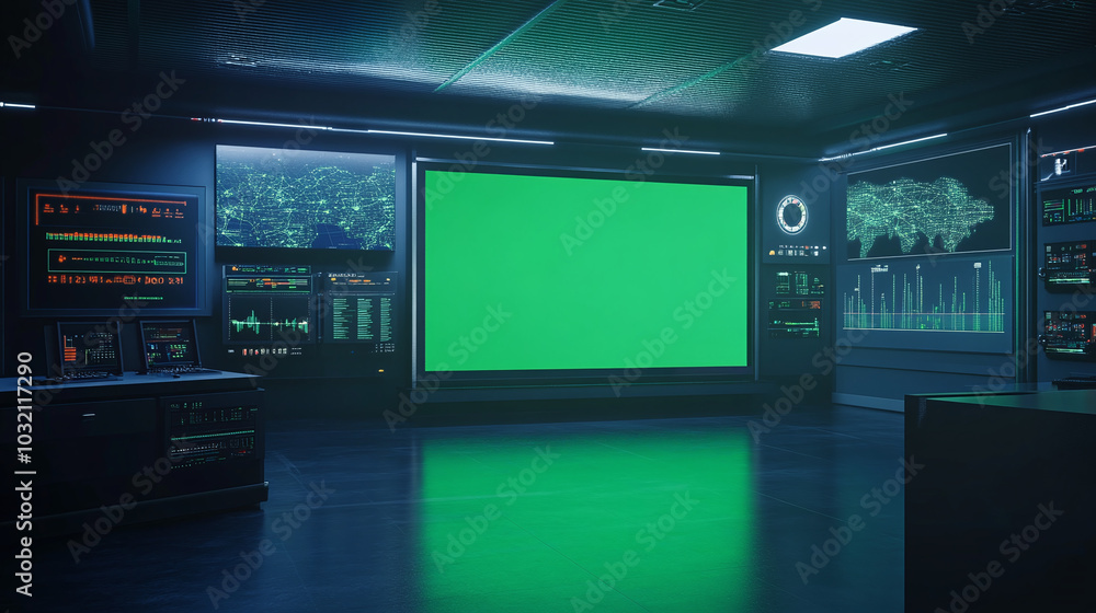 high tech control room with big huge green screen chroma key monitor, 3d render lighting multimedia technology indoor panorama design high tech control room with big huge green screen chroma key monitor, 3d render lighting multimedia technology indoor panorama design