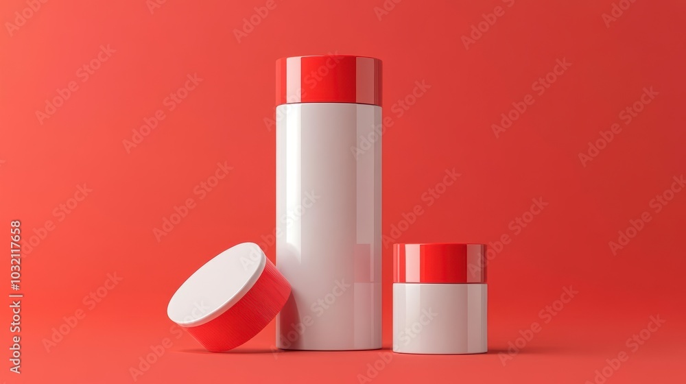 Two white bottles with red lids and a white lid on a table Two white bottles with red lids and a white lid on a table