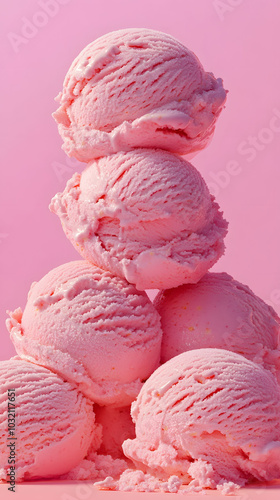 Delightful pink ice cream scoops stacked high, inviting sweetness, indulgence, perfect for warm days, a treat for all ages.