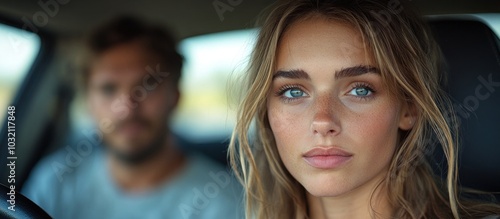 A young woman with blonde hair looks directly at the camera while sitting in the passenger seat of a car, with a man out of focus in the driver's seat.