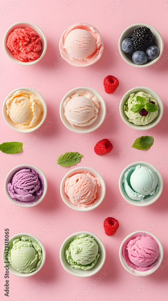 Vibrant Ice Cream Bowls Display, Assorted Flavors and Fresh Ingredients, Pink Background, Top View, Perfect for Sweet Treat Promotions Vibrant Ice Cream Bowls Display, Assorted Flavors and Fresh Ingredients, Pink Background, Top View, Perfect for Sweet Treat Promotions