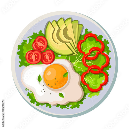 Healthy Breakfast Plate with Avocado, Fried Egg, Tomatoes, and Bell Peppers – Vector Illustration