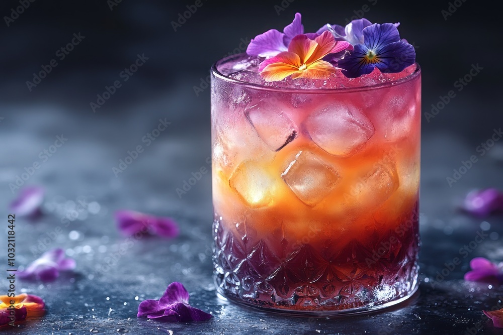 A refreshing summer cocktail with a vibrant gradient of pink and orange hues, garnished with colorful edible flowers. A refreshing summer cocktail with a vibrant gradient of pink and orange hues, garnished with colorful edible flowers.